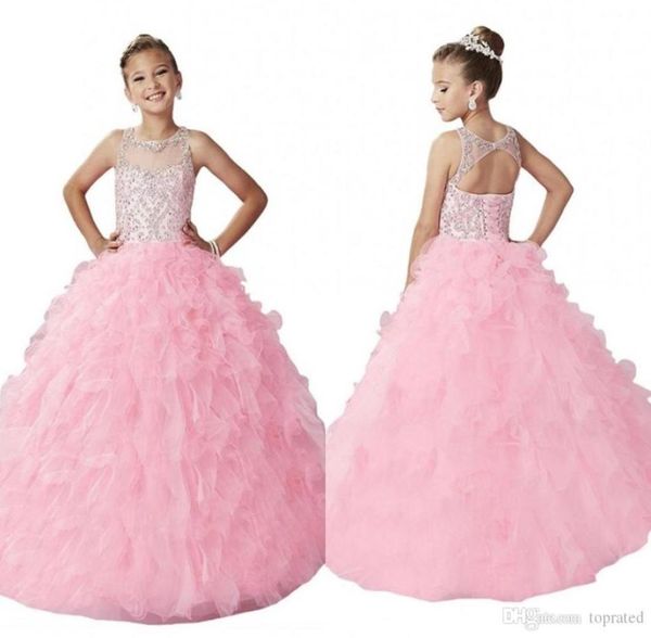 

new arrival long pink girls pageant dresses open back illusion neck sparkly beading ruffles corset wedding flower girl dresses che7675843, White;blue