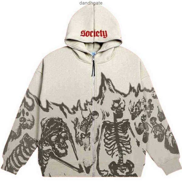 

men's sweatshirts y2k men hoodies autumn retro skeleton print zipper oversized sweatshirt streetwear harajuku high street long sleeve, Black