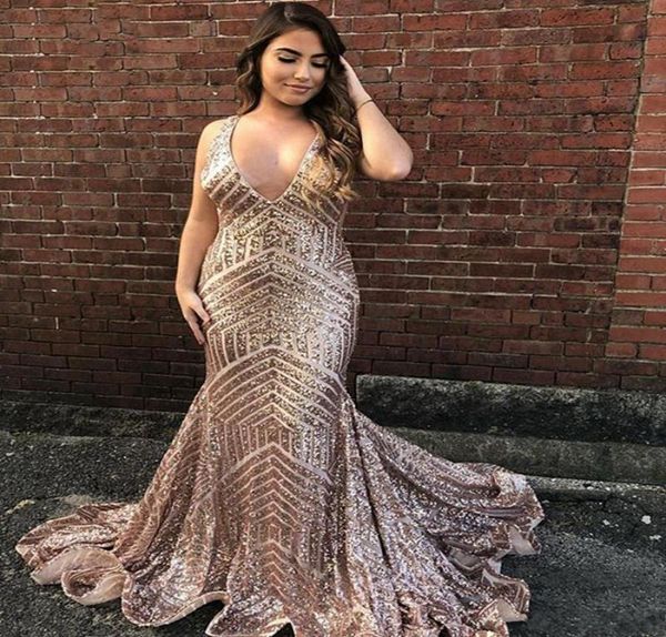 

2020 new rose gold plus size mermaid prom dresses shinny sequins plunging v neck open back sweep train graduation formal dress4166748, Black