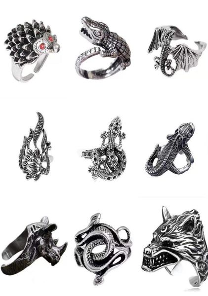 

12pcs band ring set for women girls animals fashion men jewelry vintage ancient silver punk gothic adjustable rings bulk6295261