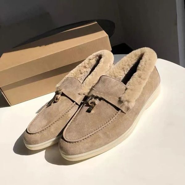 

2023 loro piana winter charms walk suede loafers shoes genuine leather lp men casual slip on flats women luxury designers flat dress shoe fa, Black