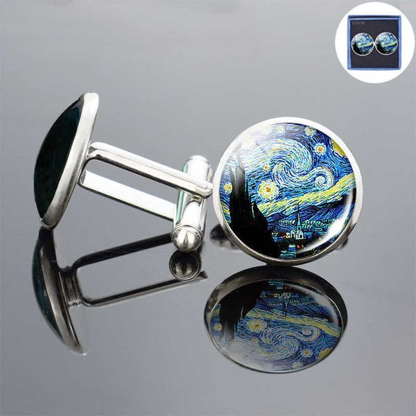 

cuff links van gogh silvercolour cufflinks starry night handmade oil painting glass cabochon cufflinks men women christmas gift hkd230718, Silver