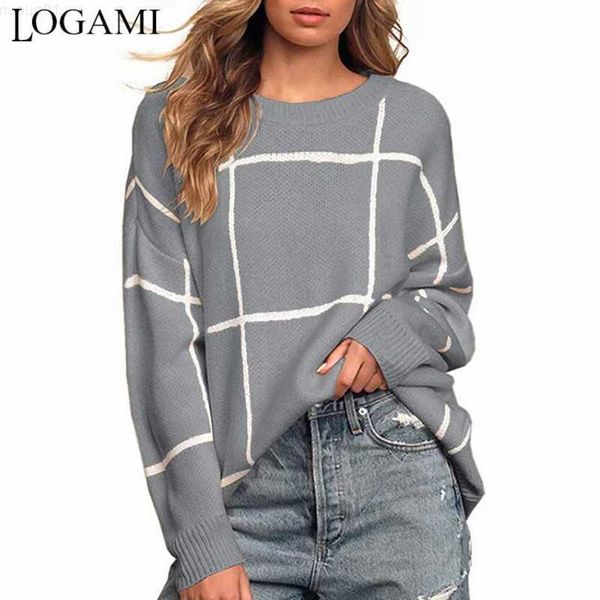 

women's sweaters logami checkered knitted pullover women long sleeve o neck sweater female autumn winter casual jumper sweaters l230718, White;black