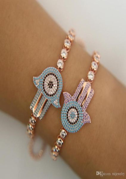 

whole cz purple blue hamsa hand bracelet turkish jewelry turquoises stone tennis chain adjustable bracelets42711311210680, Golden;silver