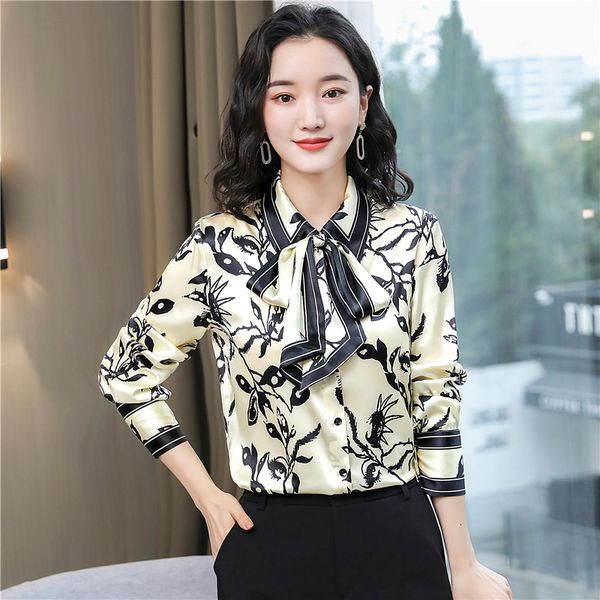 

2023 designer blouse floral print ribbon bow women shirts long sleeve lapel slim elegant runway blouses casual office ladies silk formal but, White