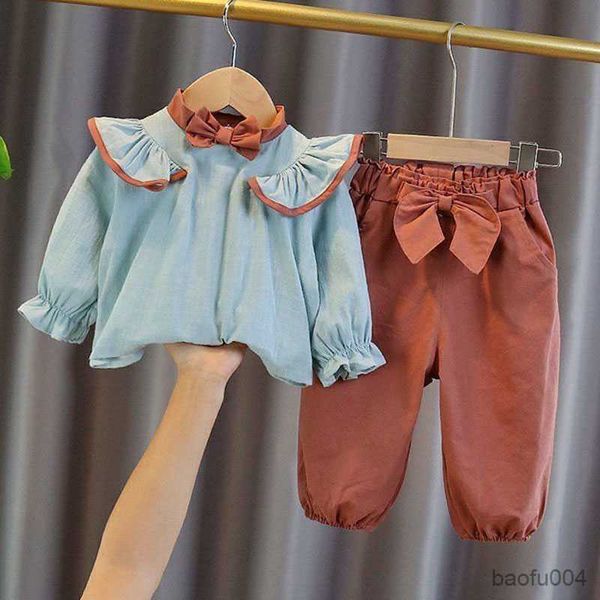 

clothing sets cotton linen lotus leaf shirt girls conjunto elegant long sleeve children 2 piece sets casual baggy bow jogger pants outfit r, White