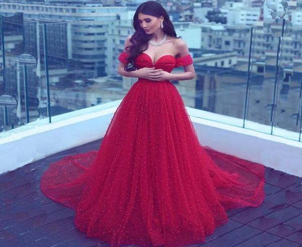 

arabic style pearls red prom dresses long sweetheart tulle long train beading formal party dress pageant gowns plus size6062512, Black