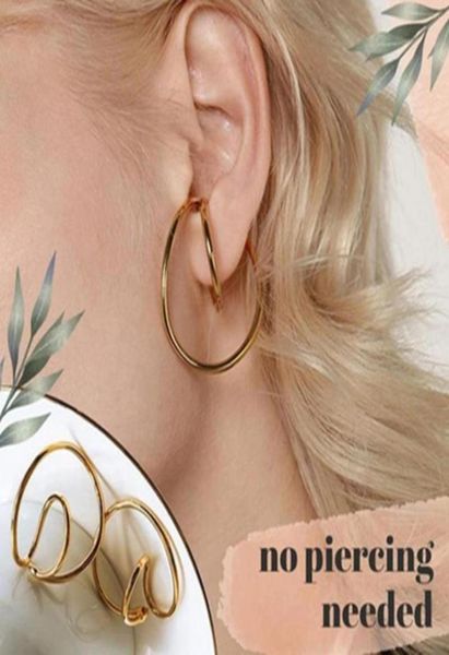 

pair european and american womens punk geometric ear clip without pierced specialshaped cochlear stealth earrings hoop huggie983693660809, Golden;silver