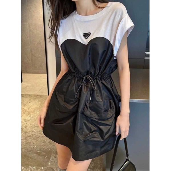

summer women's small round neck black and white patchwork receiving waist high waist dress, tie waist slimming, black and white stitchi, Black;gray