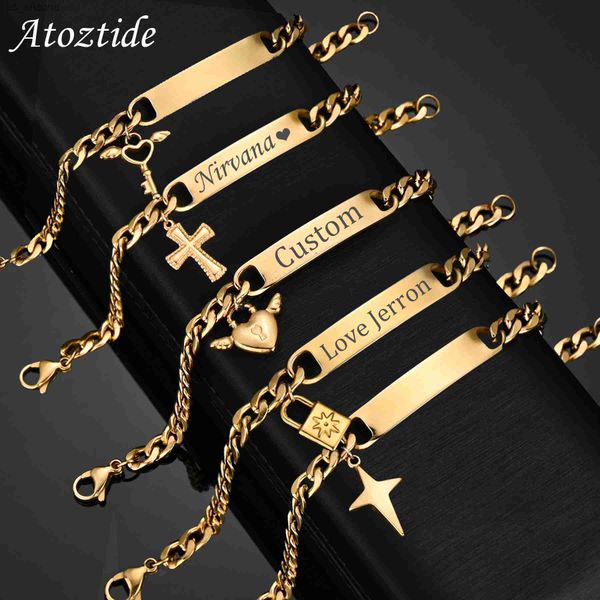 

atoztide engrave name cross heart bracelet stainless steel for men women adjustable cuban chain personalized jewelry gift l230620, Golden;silver
