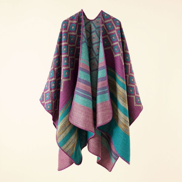 

shawls autumn winter geometric stripe pattern imitation cashmere warm casual women shawl poncho capes lady coat purple 230717, Blue;gray
