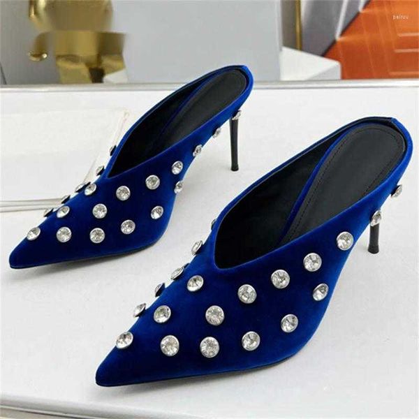 

slippers 2023 summer pointy toe velvet high heel crystal women brand fashion rhinestone mules dress party pumps shoes femme, Black