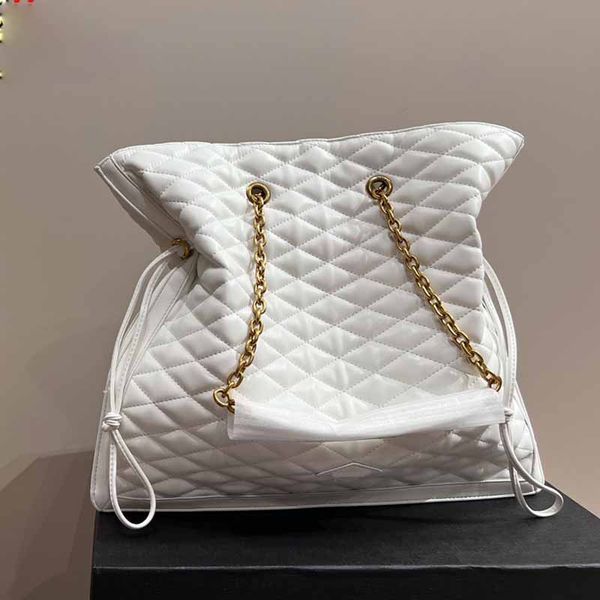 

drawstring tote bag large capacity shopping bag cowhide handbag chain shoulder bags diamond lattice genuine leather internal zipper pocket w