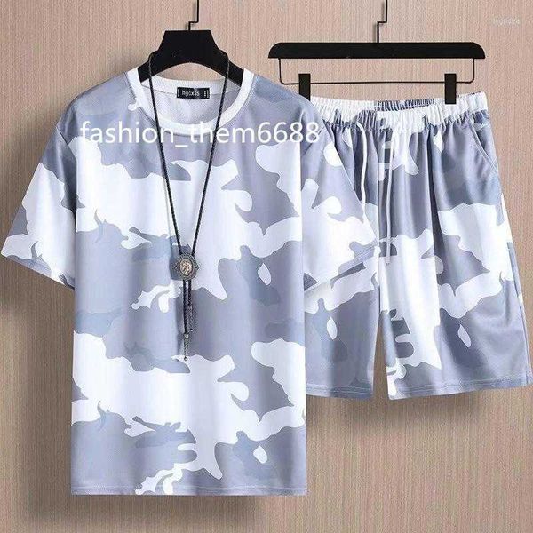

men's tracksuits men's tracksuits male sports suit summer loose large size camouflage short-sleeved t-shirt shorts set, Gray