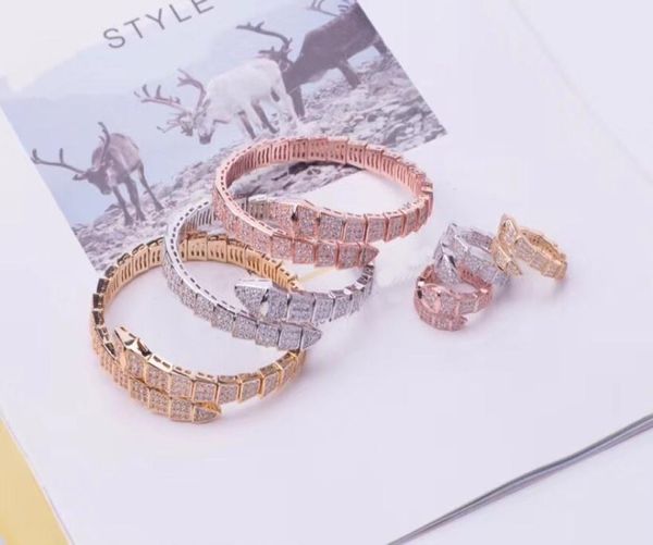 

luxury fashion brand jewelry sets lady brass full diamond single wrap serpent 18k gold open wide bracelets rings sets (1sets) 3 color4114398, Slivery;golden