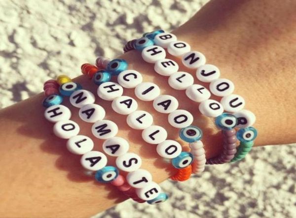 

vsco girls ins basic beaded strands bracelets letter bracelet hello ciao bonjou string bangle designer 5 colors83273602983472, Black
