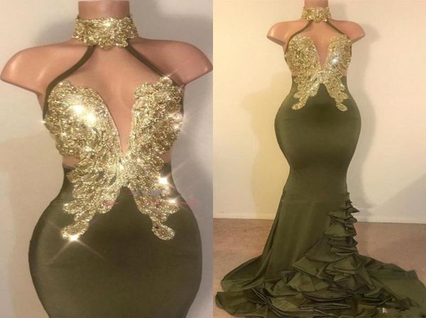 

vestidos new olive green mermaid evening dresses high neck gold crystal beaded ruffles sweep train custom formal party dress 5036935, Black;red