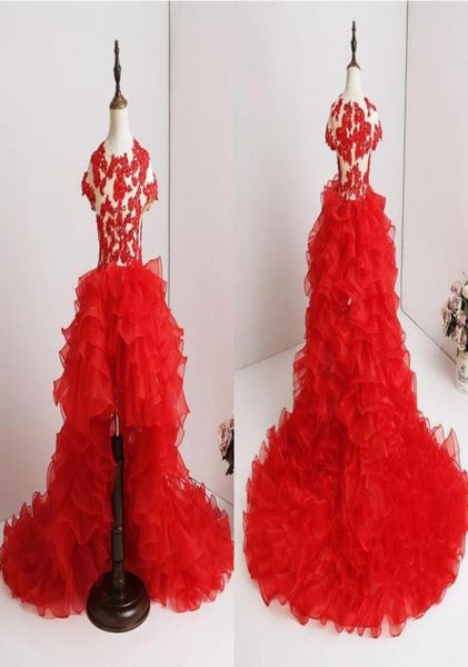 

red high low girls pageant dresses short sleeve organza lace applique sequins beaded ruffles flower girls first communion dress ch2962449, White;red