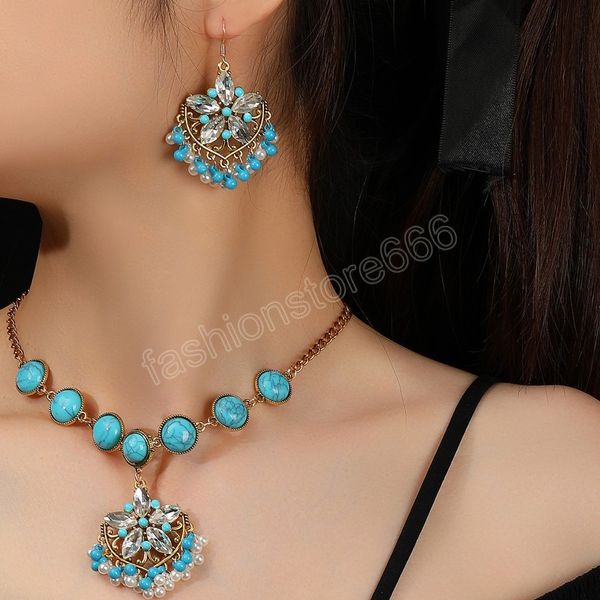 

boho blue beads tassel necklace earrings set women's luxury crystal flowers natural stone chain necklace banquet wedding jewelry, Silver