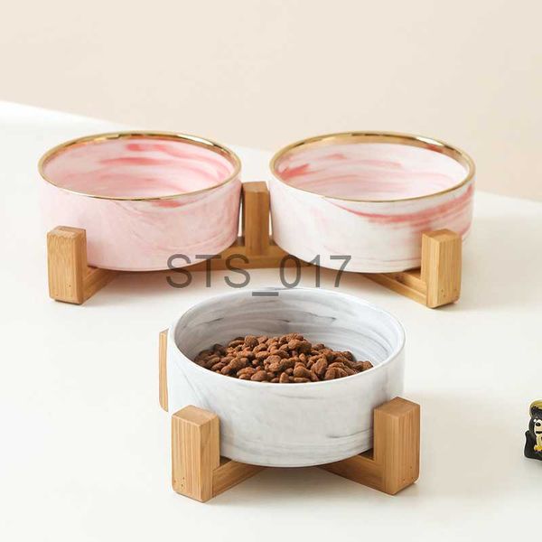 Dog Bowls Feeders Other Pet Supplies Cat Bowl with Wooden Frame Ceramics Food and Water Double Feeder for Big Flat Faced x0715