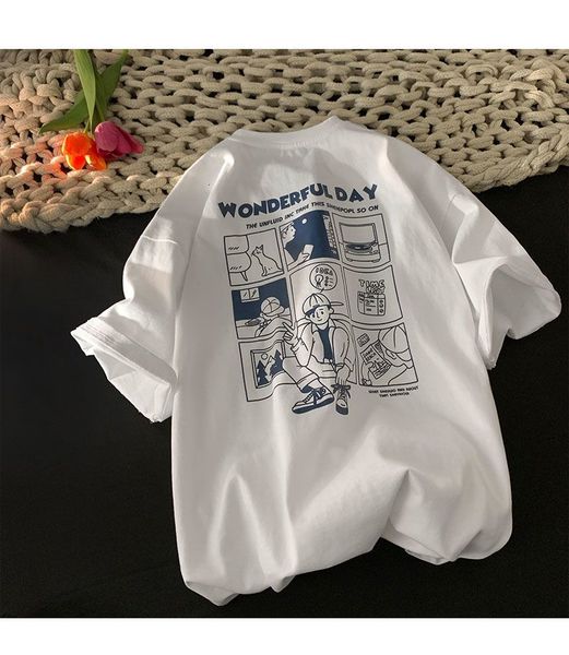 

women's tshirt american retro short sleeved tshirts for men and women summer oversize loose cartoon cotton couple costume half sleeve, White