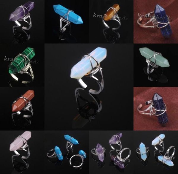 

whole 10pcs silver plated mixed order quartz stone hexagon prism winding adjustable finger ring jewelry2359829, Golden;silver