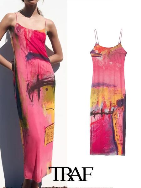 

basic casual dresses traf 2023 women dress fashion thin suspender round neck silk screen slim long style woman lady female 230718, Black;gray