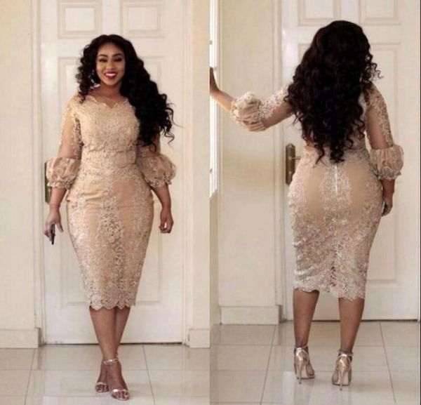 

african champagne plus size mother of the bride dresses lace applique 34 sleeves tea length wedding guest gowns formal evening dr8502333, Black;red