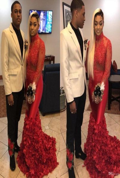 

new red high neck mermaid prom dresses 3d flowers lace appliques beaded long sleeves sweep train african see though party evening 9501487, Black