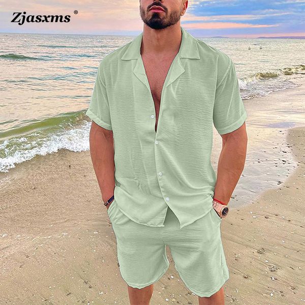 

men's tracksuits summer short sleeve button shirt and short pockets pant men casual loose two piece suit men beach holiday cotton linen, Gray