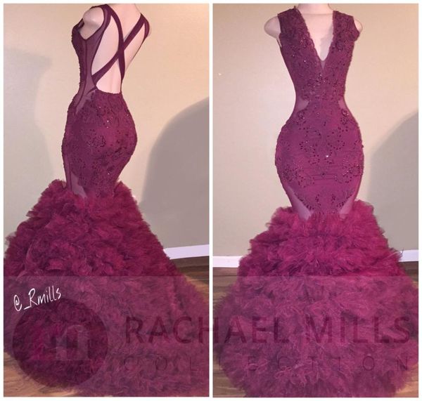 

2018 wine red new mermaid corset prom dresses deep vneck appliques ruffle skirt tiered laceup party reception evening pagea2488620, Black