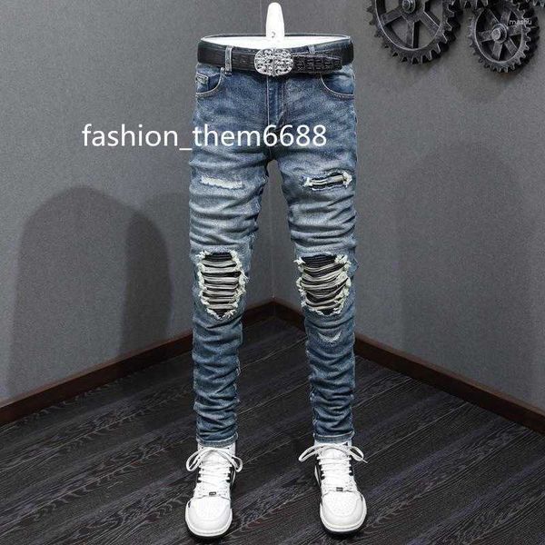 

men's jeans men's jeans street fashion men retro dark blue stretch elastic skinny ripped leather patched designer hip hop brand pa