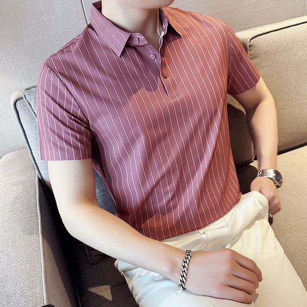 

men's polos 2023 summer men's business lapel striped tshirt elastic seamless fashionable casual polo shirt 230717, White;black