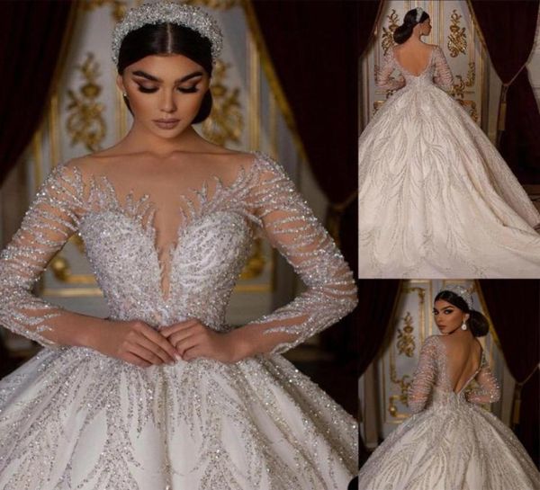 

full bling sequins ball gown wedding dress sheer jewel neck long sleeve bridal gowns6583379, White