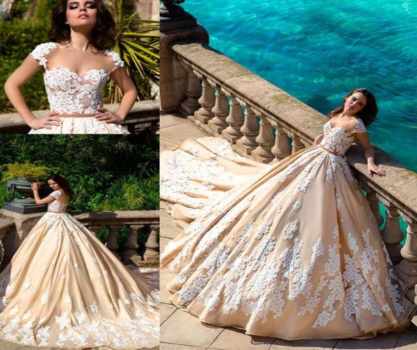 

gorgeous ball gown plus size wedding dress vintage lace capped sleeves corset cathedral train vestido de noiva luxury bridal gowns3481008, White