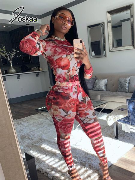 

women's two piece pants joskaa floral pattern print spliced two piece set women long sleeve see through t shirt leggings slim 2 piece o, White
