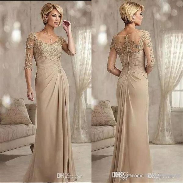 

champagne mother of the bride dresses long 2019 scoop neck chiffon wedding guest mother's dresses half sleeves formal evening2559, Black;red
