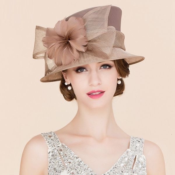 

wide brim hats bucket hats women elegant linen wedding hats wide brim women brown summer floral cap feather derby ladies formal fedora cap b, Blue;gray