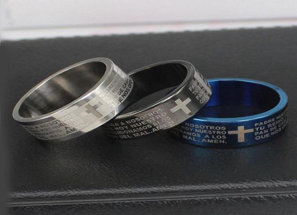 

stainless steel spanish scripture cross finger ring for men women black blue silver fashion rings factory direct 3731839