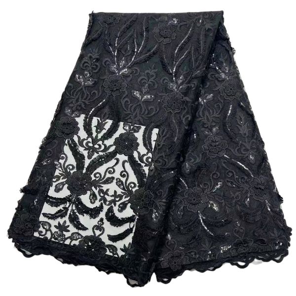 

yq-6044 french lace fabric sequins rope embroidery decorative lady clothing party shiny 5 yards african black man woman simple suit table co, Black;white