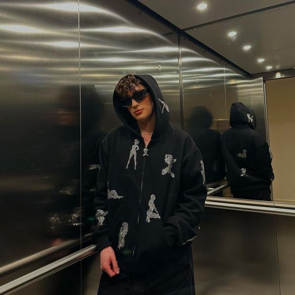

goth y2k rhinestone jacket zipper hoodie american street fashion hip hop long sleeve sweatshirt jacket, Black