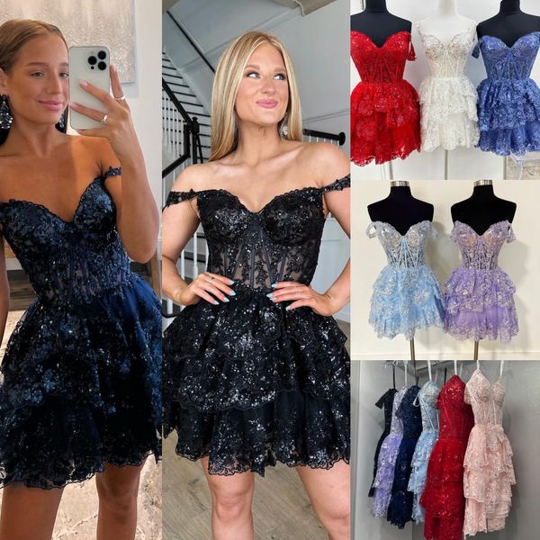 

sparkling tulle homecoming dress 2k24 short ruffle corset off-shoulder pageant formal evening cocktail event party runway black-tie gala wed, Red