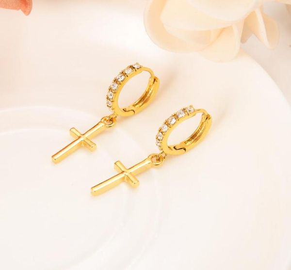 

zircon earring special christian vogue true real 22 k 24 k thai baht yellow gold plated crucifix cross timeless charm earrings1209834, Golden;silver