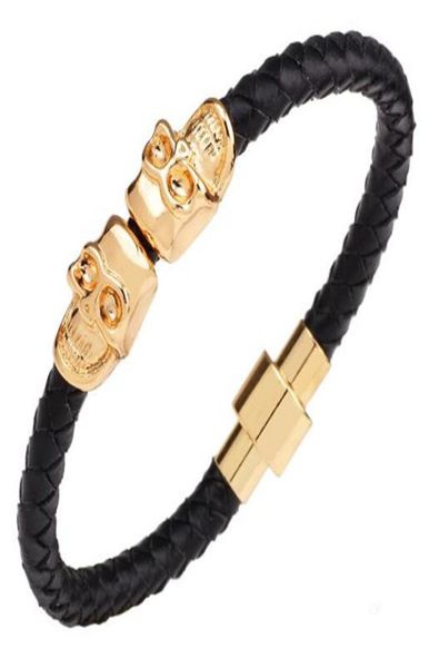

208 cm pu leather titanium steel skull bracelet men039s woven bracelet gold silver punk style stainless steel woven leather br9904155, Golden;silver