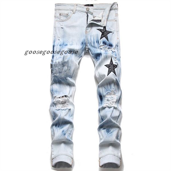 

jeans mens designer jeans for mens pants man white black rock revival jeans biker pants man pant broken hole embroidery hip hop denim pants, Blue