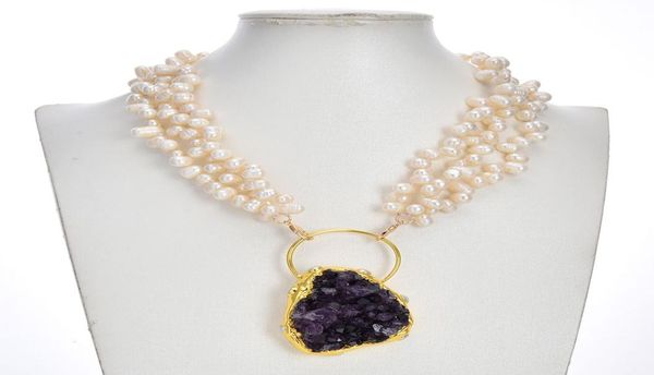

3 strands natural white rice pearl necklace purple amethyst quartz 24k gold plated pendant fashion jewelry for lady7065423, Silver