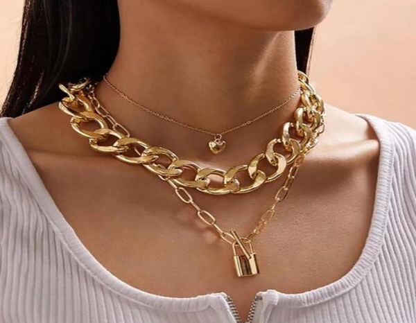 

pendant necklaces shixin 3pcs hiphop heartlock necklace for women punk layered thick cuban link chain choker on the neck jewelry5907183, Silver