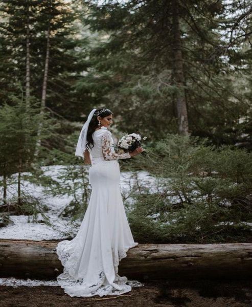 

country mermaid wedding dresses long sleeve v neck lace applique bridal gowns with crystal sash elastic satin sweep train wedding 1478493, White