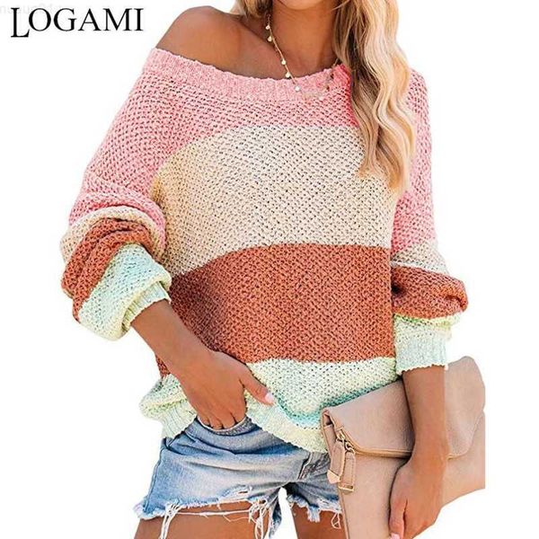 

women's sweaters logami lantern sleeve striped color-blocking sweater women autumn winter loose casual pullover female knitwear l230718, White;black