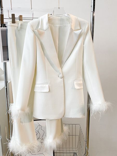 

women's two piece pants high street est 2023 fashion designer runway suit set women slim single button feather embellished blazer 23071, White